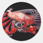 ELEGANT PEACOCK IN RED,BLACK ROUND STICKERS