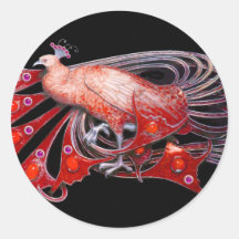 ELEGANT PEACOCK IN RED,BLACK ROUND STICKERS