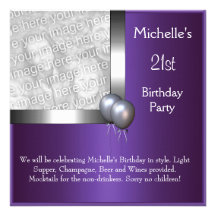Elegant Photo Purple Silver Balloon 21st Birthday Personalized Invitation