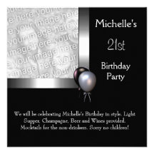 Elegant Photo Silver Black Balloon 21st Birthday Custom Invitations