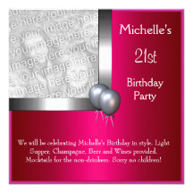 Elegant Photo Silver Cerise Balloon 21st Birthday Personalised Invite