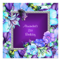 Elegant Purple Silver Jewel Flowers 21st Birthday Custom Invite