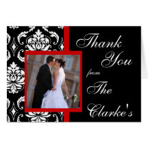 Elegant Red Damask Wedding Photo Thank You Cards
