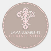 Elegant Religious Celebration Cross in Pink Round Sticker