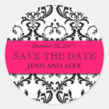 Elegant Save the Date Damask Stickers Hot Pink