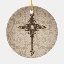 Elegant Scroll Christian Cross w/Swirl Background Christmas Tree Ornament