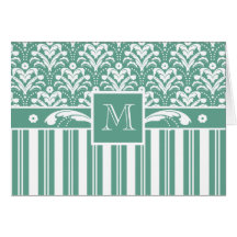 Elegant Sea Green Damask with Your Monogram Greeting Cards
