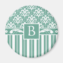 Elegant Sea Green Damask with Your Monogram Fridge Magnet