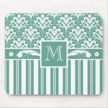 Elegant Sea Green Damask with Your Monogram Mouse Pads