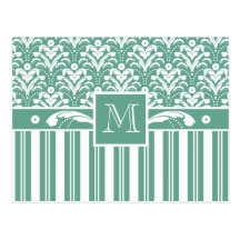 Elegant Sea Green Damask with Your Monogram Postcard