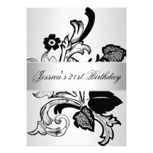 Elegant Silver Black Flowers Birthday Party Personalized Invitations