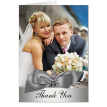 Elegant Silver Bow Photo Wedding Thank You Cards
