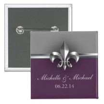Elegant Silver Purple Fleur de Lis Buttons