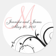 Elegant Swirl Pink Initial Wedding Invitation Seal Round Stickers