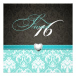 Elegant Teal and Black Damask Sweet Sixteen Personalized Announcements