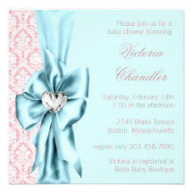 Elegant Teal Blue Pink Damask Baby Girl Shower Custom Announcement