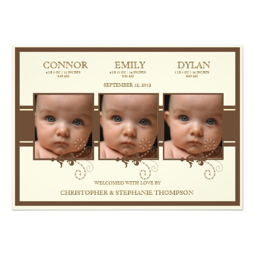 Elegant Triplet Photo Baby Birth Announcement