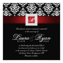 Elegant Wedding Damask Jewels Red Black White Sq Personalized Invitation