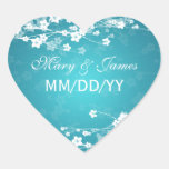 Elegant Wedding Date Cherry Blossom Blue Heart Stickers