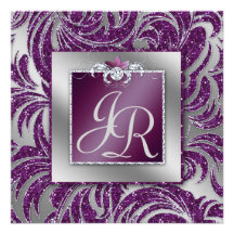 Elegant Wedding Invite Leaf Floral Purple Sparkle