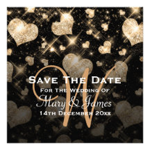 Elegant Wedding Save The Date Glitter Hearts Gold Announcements
