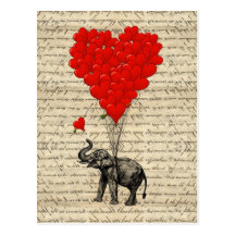 Elephant and heart shaped balloons postcards
