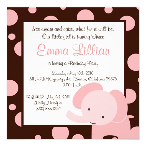 elephant birthday party invite cute fun brown pink