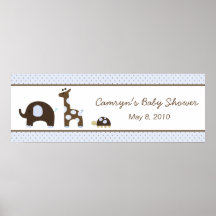 Elephant & Giraffe in Blue Baby Shower Banner Posters