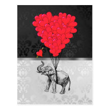 Elephant & heart balloons post cards