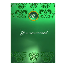 EMERALD DAMASK GEM STONE MONOGRAM green Personalized Invitations