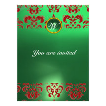 EMERALD DAMASK GEM STONE MONOGRAM green red Custom Invitation