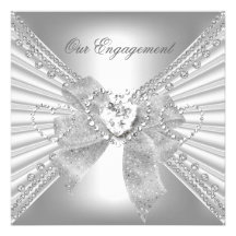 Engagement Party Diamond Heart White Silver Bow Personalised Announcements