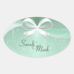 Envelope Seal Green & White Floral Ribbon Wedding Oval Sticker
