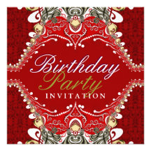 Exotic Red Batik Damask Birthday Party Invitations