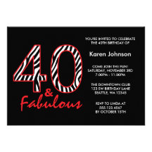 Fabulous 40th Black and Red Zebra Birthday Invites