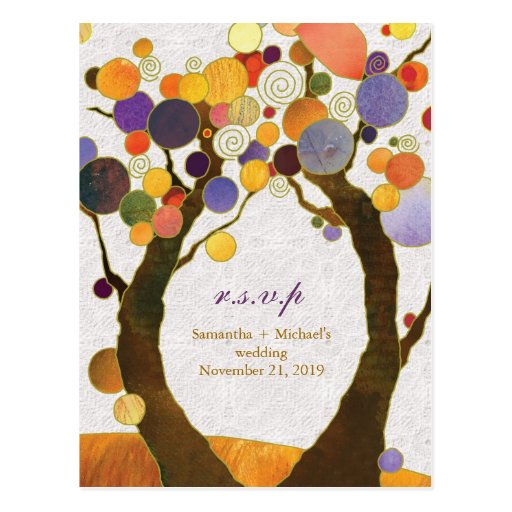 Fall Art Deco Love Trees Wedding RSVP (4.25x5.6) Post Card