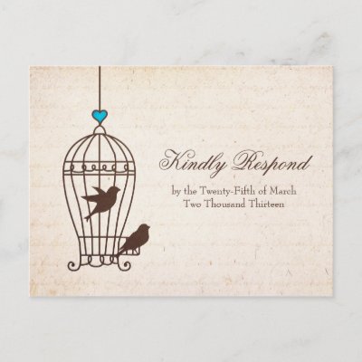 Fanciful Bird Cage Chocolate Teal Wedding RSVP Post Cards by 