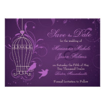 Fanciful Birdcage & Swirls Aubergine Save the Date Personalized Announcements