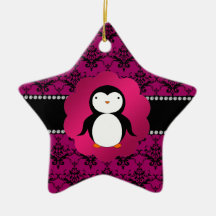 Fancy penguin pink damask ornament