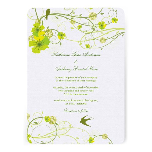 fatfatin Green Hibiscus Swirls & Swallows Wedding Personalized Invitations