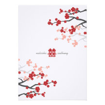 fatfatin Red Sakuras Double Happiness Wedding Custom Invites