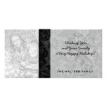 faux lace black grey damask pattern personalized photo card