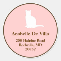 Feline pink brown cat custom name address label round sticker
