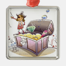 Female pirate standing on a treasure chest christmas ornaments