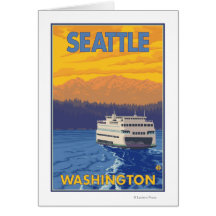 Ferry and Mountains - Seattle, Washington Greeting Cards