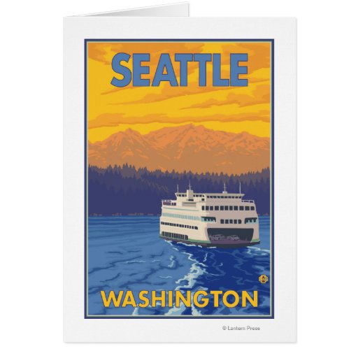 Ferry and Mountains - Seattle, Washington Greeting Cards