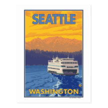 Ferry and Mountains - Seattle, Washington Postcards