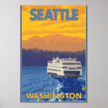 Ferry and Mountains - Seattle, Washington Posters