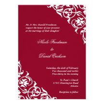 Festive red corner scroll script elegant wedding invite