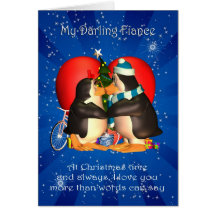 Fiance Christmas Card With Kissing Penguins Heart
